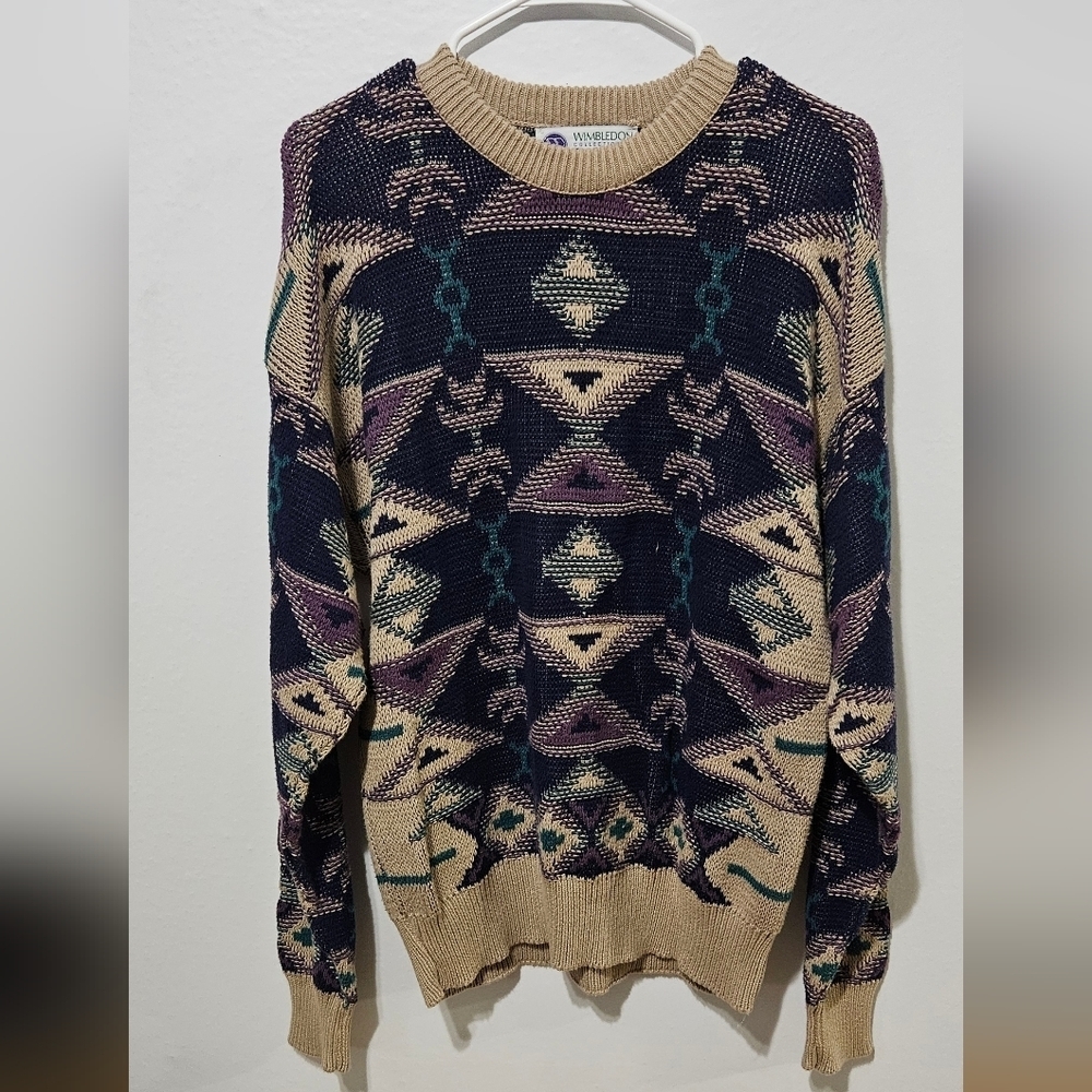 Wimbledon Collection By Racquet Club XL Sweater Knit Aztec Print Made In Usa B12